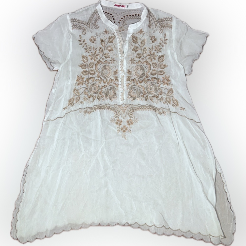 Johnny Was Britta Scallop White Floral Embroidered Cottagecore Tunic Bohemian XS